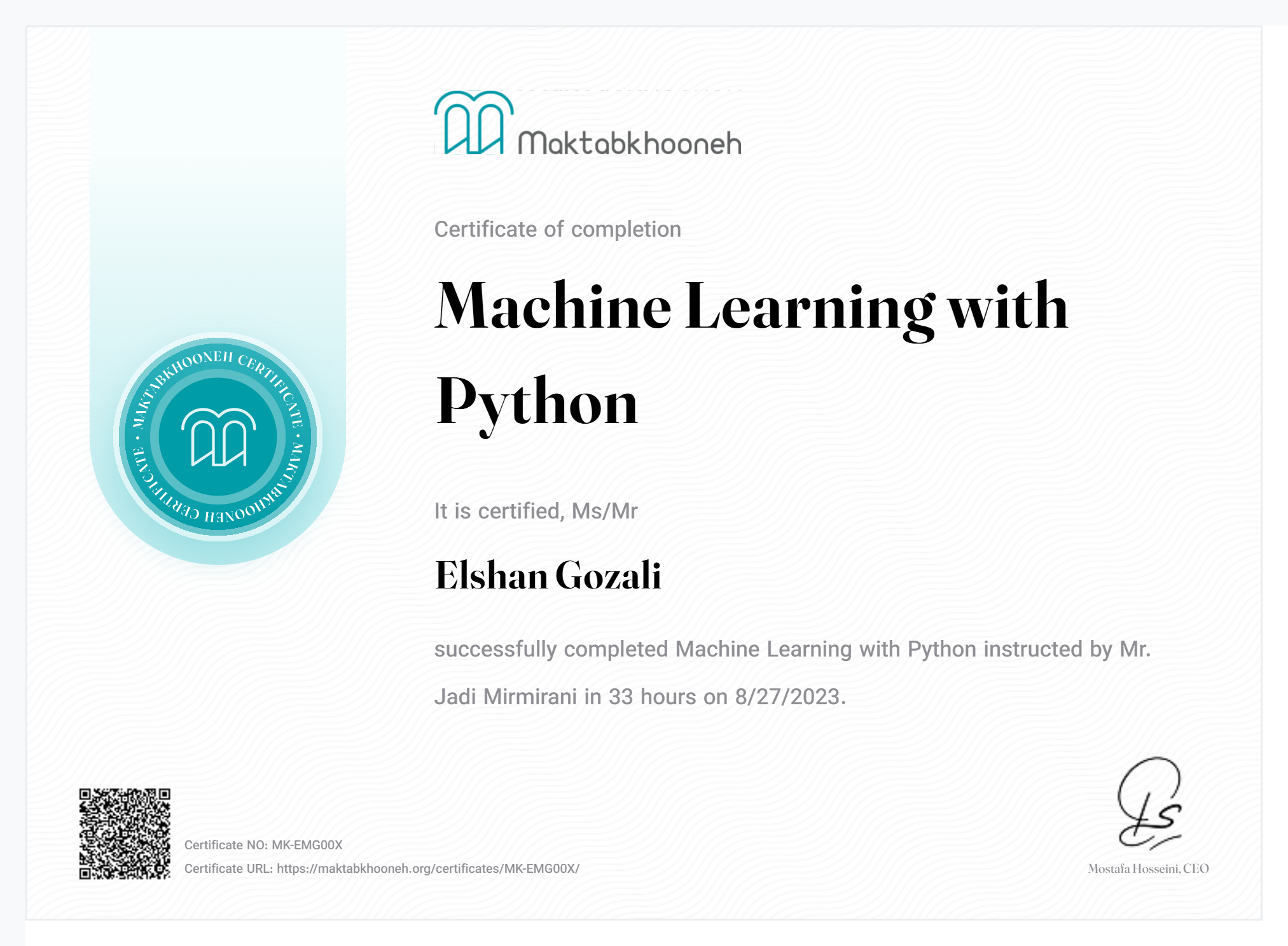 Machine Learning With Python Certificate